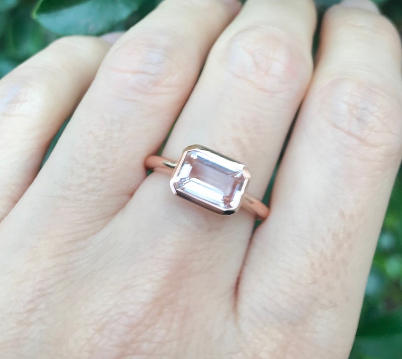 1.50ct Rectangle Natural Morganite Ring Genuine Morganite Emerald Cut Engagement Ring-East West Morganite Solitaire Minimalist Bezel Ring image 7