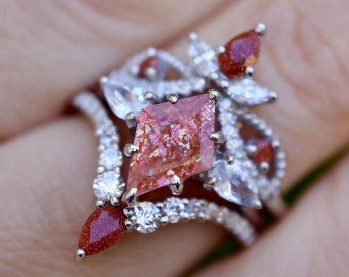 Kite Genuine Orange Sunstone with Gold Sandstone Sterling Silver 3 Ring Set