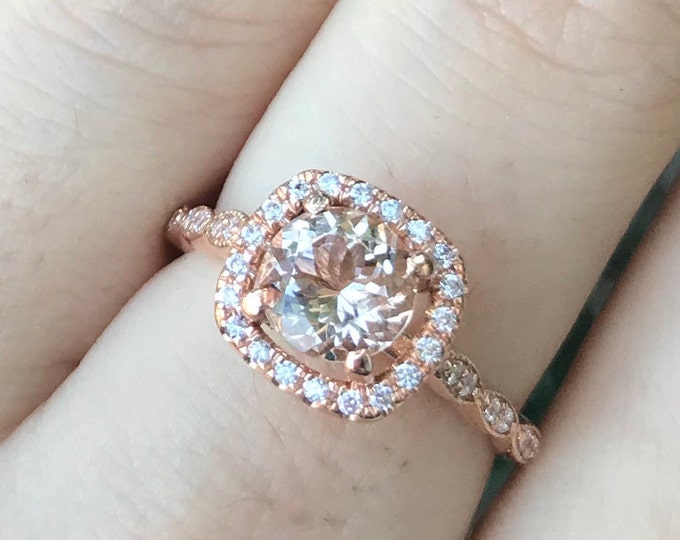 0.80ct Morganite Halo PromiseRing- 6mm Morganite Engagement Ring- Rose Gold Morganite Solitaire Ring- 14k Solid GenuineMorganite Round Ring