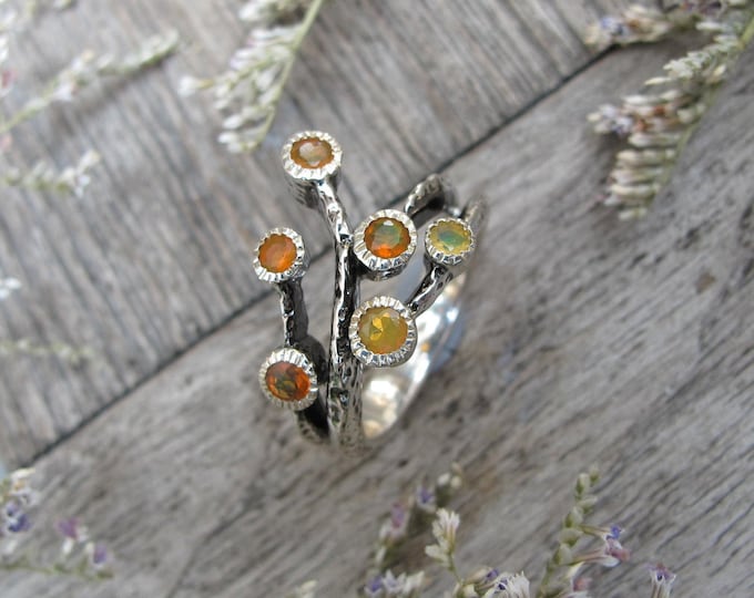 Cluster Natural Welo Opal Gemstone Cluster Statement Rustic  Ring- Multistone Genuine Opal Branch Ring- Opal Solitaire Hammered Ring