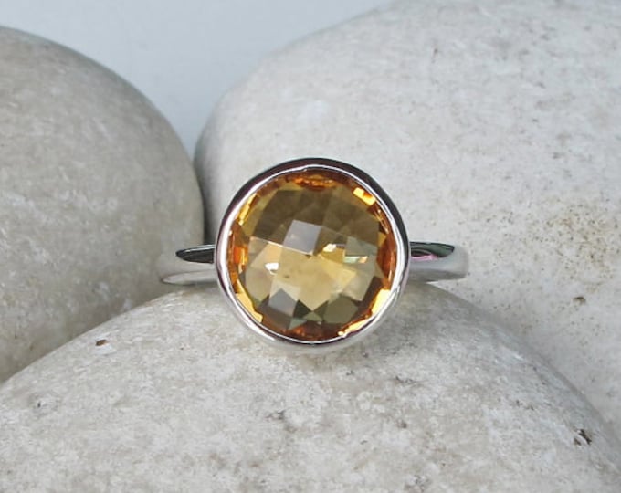 Round Faceted Citrine Ring- November Birthstone Silver Ring- Orange Boho Stackable Ring- Yellow Topaz Ring- Classic Minimalist Ring