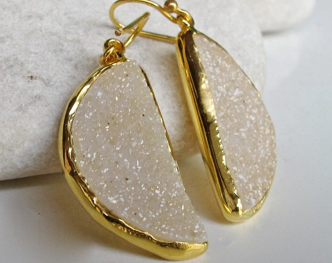 Raw Rustic Real Druzy Earring Semicircle Bridal Gold Druzy Earring Large Statement White Dangle Drop Handmade