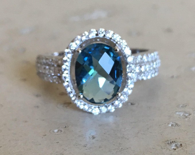 Blue Gemstone Oval Halo Engagement Women Ring- Blue Crystal Promise Ring for Her- Blue Quartz Anniversary Ring- December Birthstone Ring