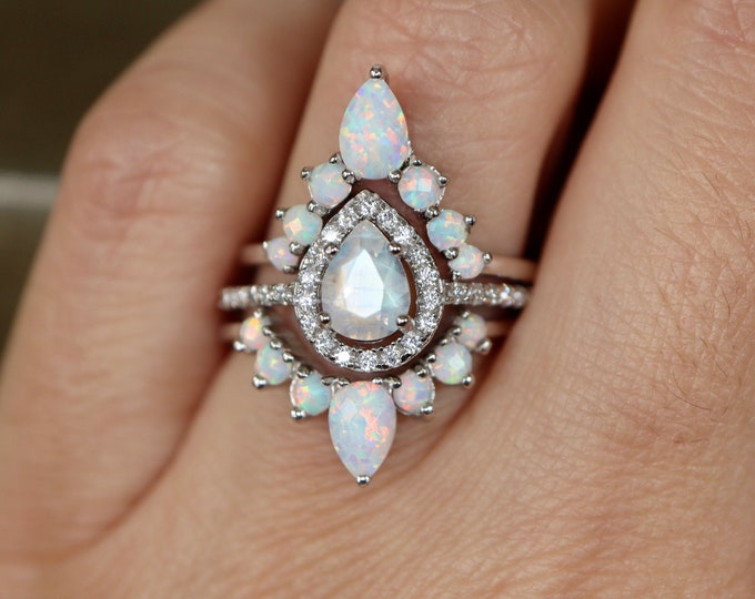 Pear Blue Moonstone with Rainbow Opal Halo Engagement 3 Ring Set in Solid 14k or 18k Rose Yellow Gold