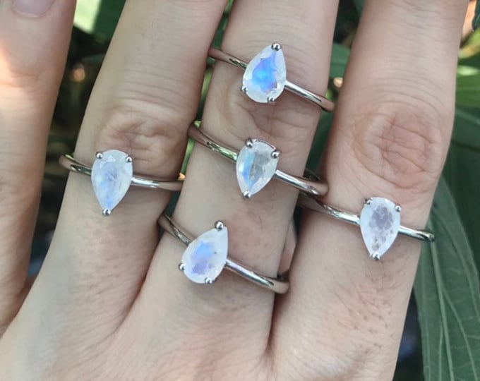 Moonstone Ring Tear Drop Simple Prong Boho Rainbow Moonstone Ring Sterling Silver Moonstone Stack Pear