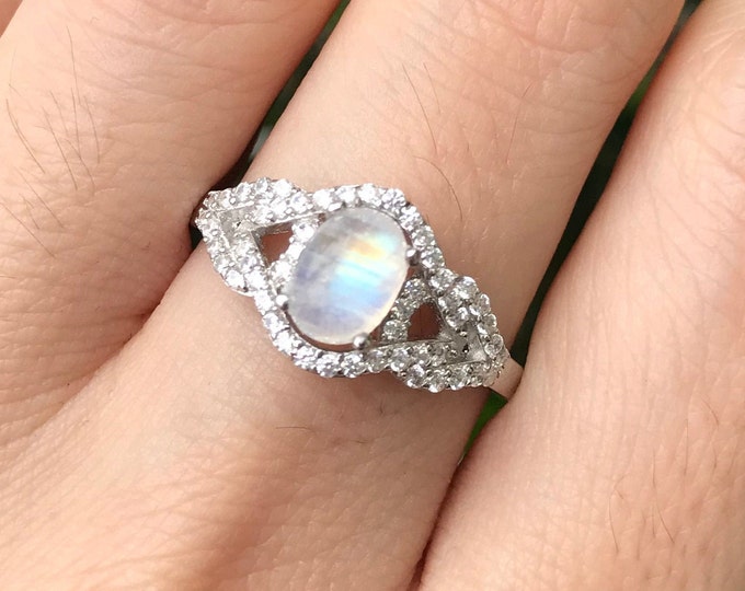 1ct Moonstone Deco Swirl Ring- Cabochon Moonstone Oval Engagement Ring- Rainbow Moonstone Edwardian Anniversary Ring- June Birthstone Ring