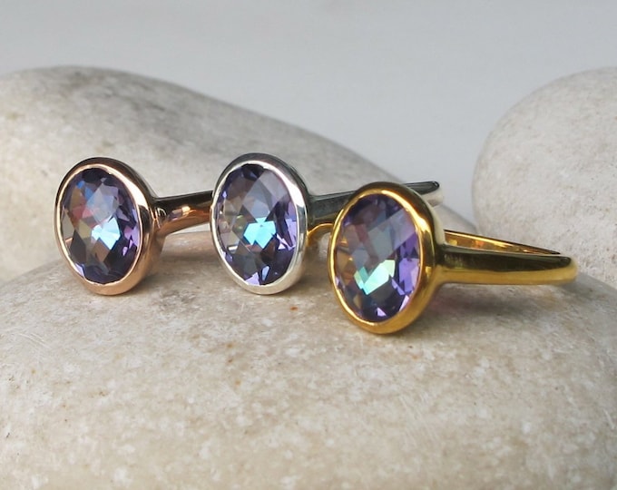 Oval Mystic Topaz Ring- Colorful Neptune Garden Topaz Boho Ring- Blue Purple Rainbow Ring- Gypsy Mood Ring- Silver Mystical Ring