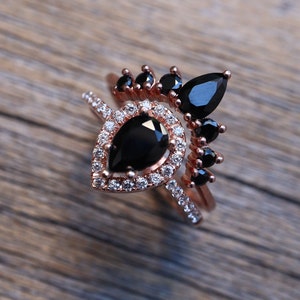 Teardrop Black Onyx Engagement Silver Ring Set Pear Black Diamond Alternative 2 Rose Ring Black Halo Ring with Wedding Band image 7