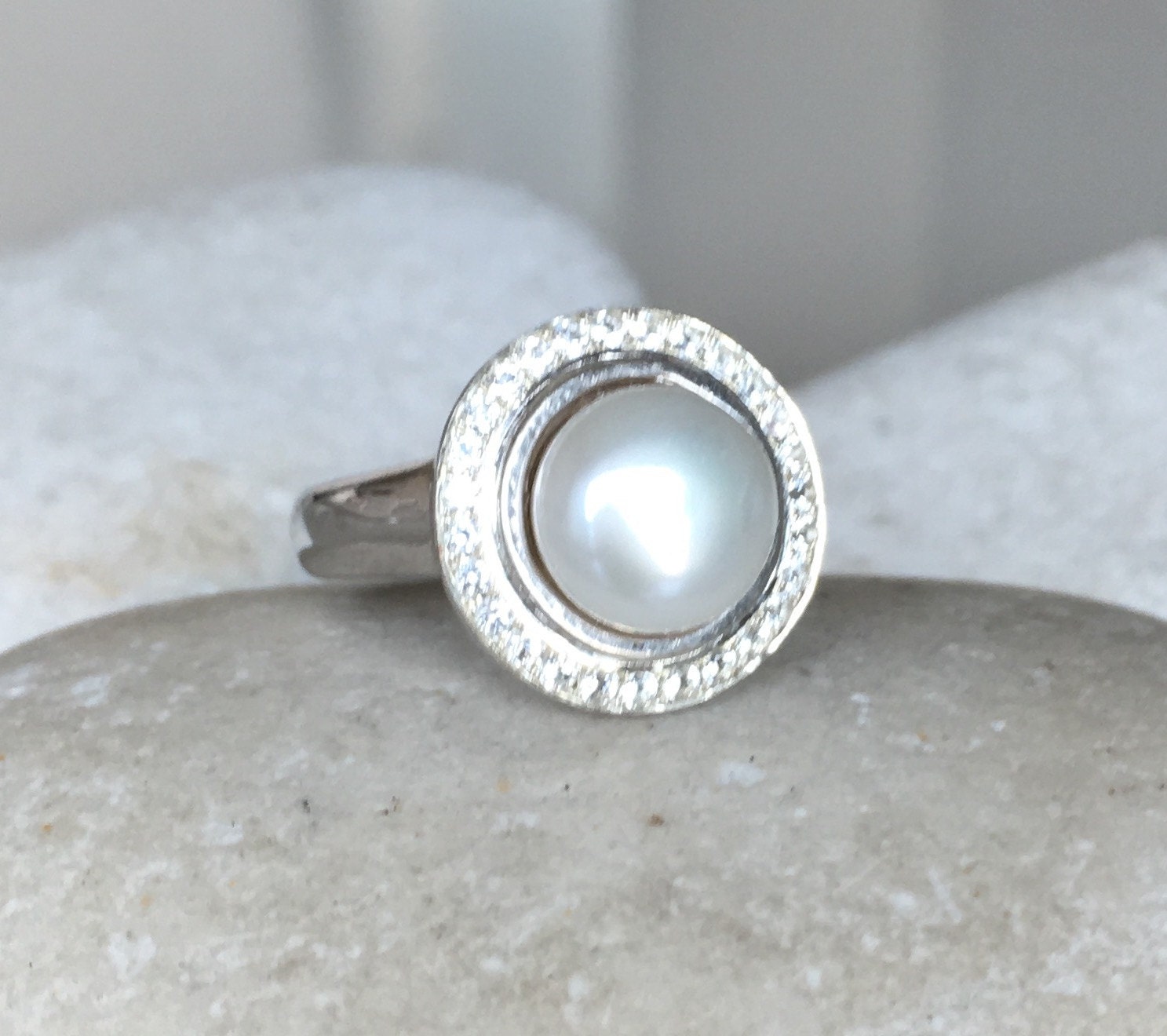 Real Pearl Engagement Ring- Genuine Freshwater Pearl Ring- Halo Natural  Pearl Engagement Ring- Gemstone Engagement Ring June Birthstone Ring