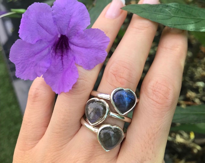 Labradorite Heart Promise Ring for Her- Heart Shape Anniversary Ring- Valentine Day Gifts for Her- Unique Jewelry Gifts for Women