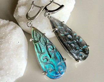 Labradorite Earring Silver Blue Green Raw Labradorite TearDrop Long Dangle Earring Boho Iridescent Jewelry