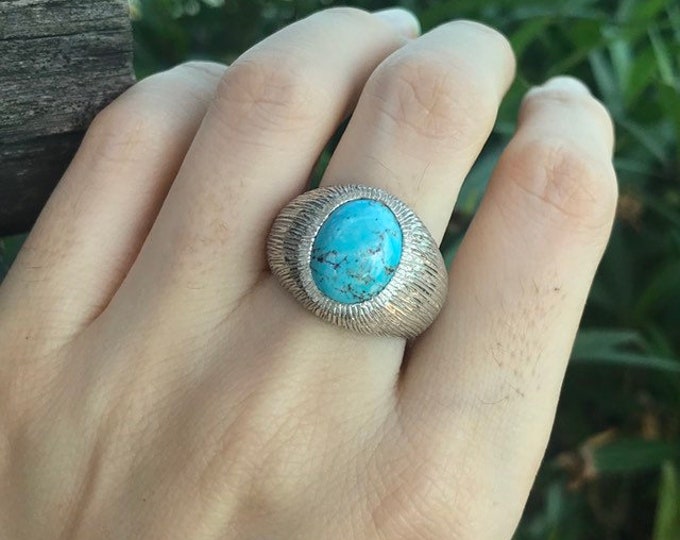 Oval Turquoise Solitaire Textured Ring- Statement Turquoise Unisex Ring- Men Woman Ring- Blue Gemstone Silver Ring-December Birthstone Ring