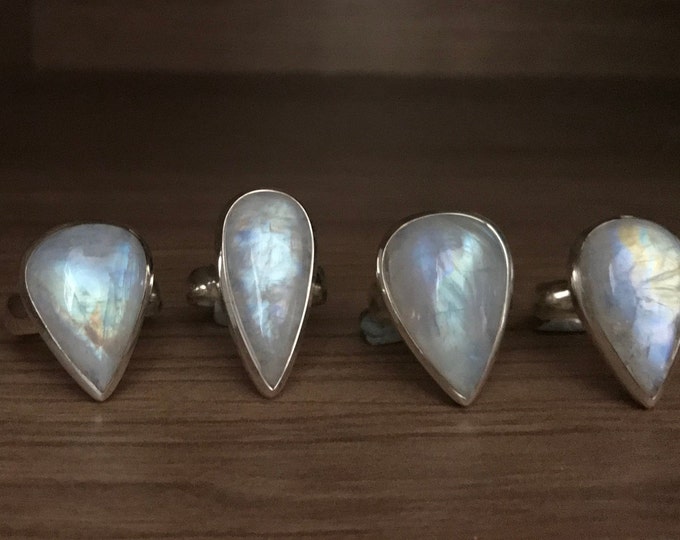 TearDrop Large Rainbow Moonstone Celestial Ring- Moonstone Pear Cab Statement Ring- Bohemain Iridescent Solitaire Ring- Rainbow Silver Ring
