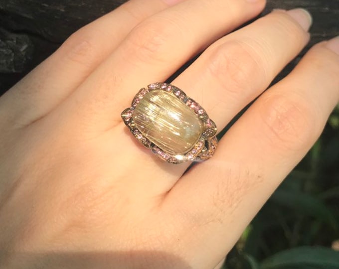 Rectangle Rutilated Quartz Avant Garde Ring- Gold Rutile Quartz Designer Statement Ring- OOAK Solitaire Pink Sapphire Diamond Accent Ring