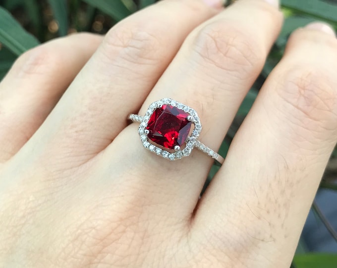 Ruby Princess 1ct Halo Engagement Ring- Square Red Ruby Promise Ring For Her-Red Gemstone Anniversary Solitaire Ring-July Birthstone Ring