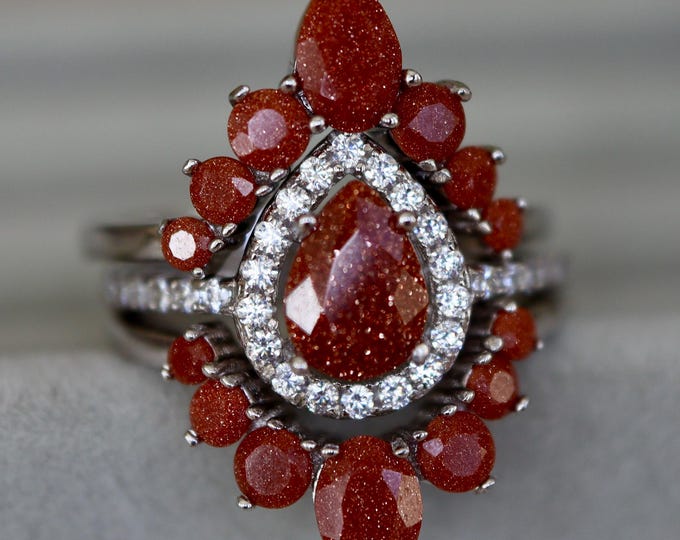 Pear Gold Sandstone Galaxy Halo Bridal Sterling Silver 3 Rings