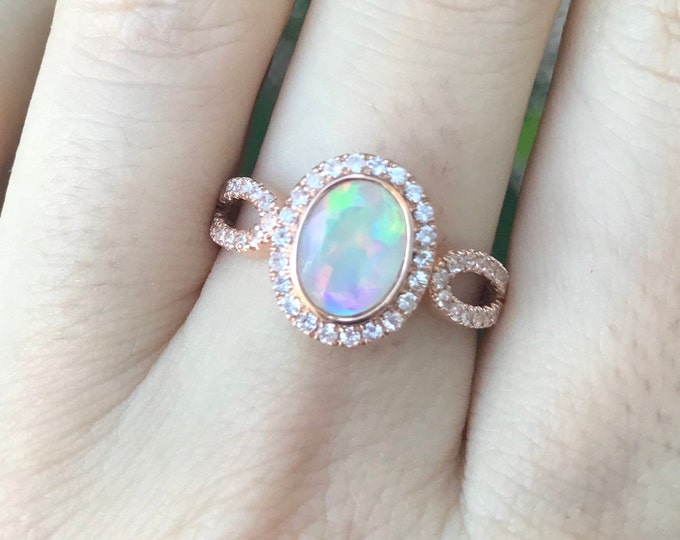 Opal Rose Gold Engagement Ring, Genuine Oval Opal Promise Ring for Her, Opal with White Sapphire Solitaire Ring, October Birthstone Ring