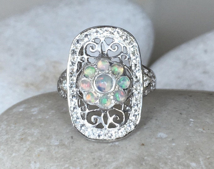 Genuine Opal Filigree Vintage Inspired Ring- Opal Vertical Swirl Edwardian Ring- Unique Opal Statement Ring for Her-Fire Opal Solitaire Ring