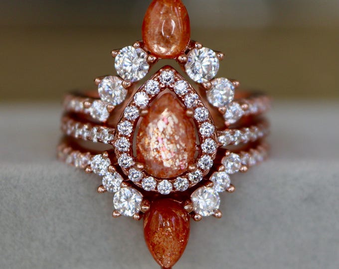Teardrop Sunstone Halo Engagement Solid 14k Gold Rings- Genuine Teardrop Orange Sunstone 18k Rose Gold 3 Ring Set- White Gold Sunstone Ring