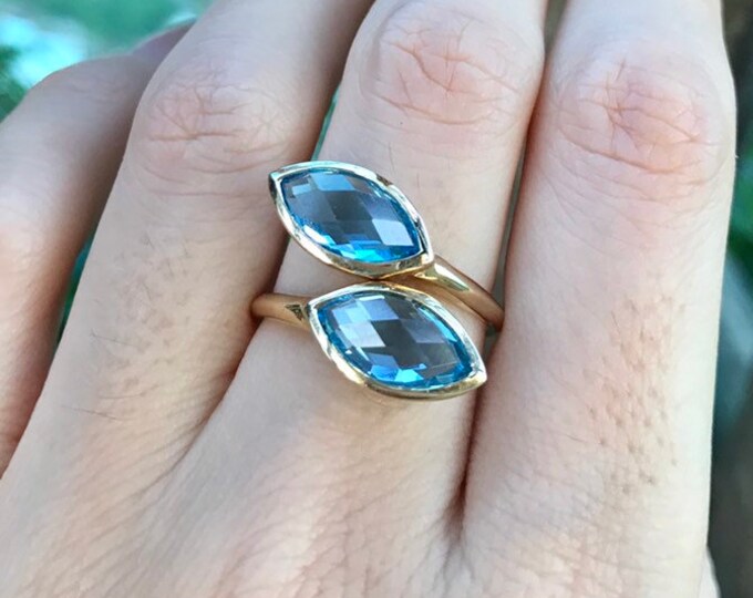 14k Yellow Gold Swiss Blue Topaz Marquise Ring- Genuine Dual Blue Topaz Ring for Her- Blue Statement Ring