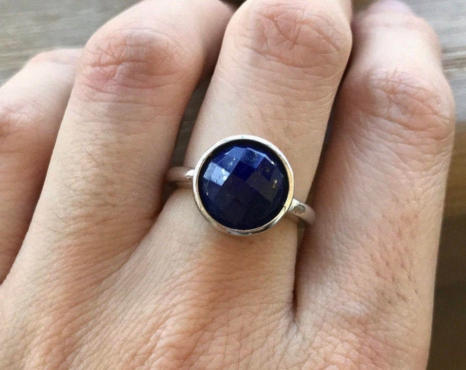 Silver Sterling Lapis Lazuli Ring- Stack Round Ring December Birthstone Ring- Blue Gemstone Ring- Faceted Minimalist Boho 925 Silver Simple