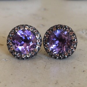 Large Purple Amethyst Stud Earring- Round Amethyst Halo Black Earring- Bold Statement Stud Earring- February Birthstone Earring