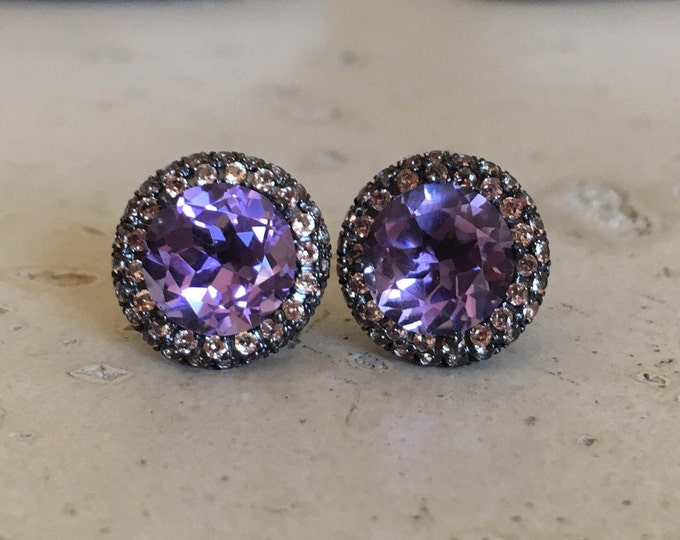 Large Purple Amethyst Stud Earring- Round Amethyst Halo Black Earring- Bold Statement Stud Earring- February Birthstone Earring