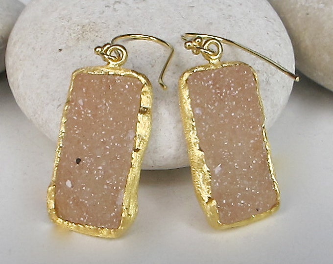 Gold Druzy Rectangle Drop Earring- Raw Crystal Dangle Earring- Boho Rough Gemstone Drop Earring-  Minimalist Handmade Statement Earring