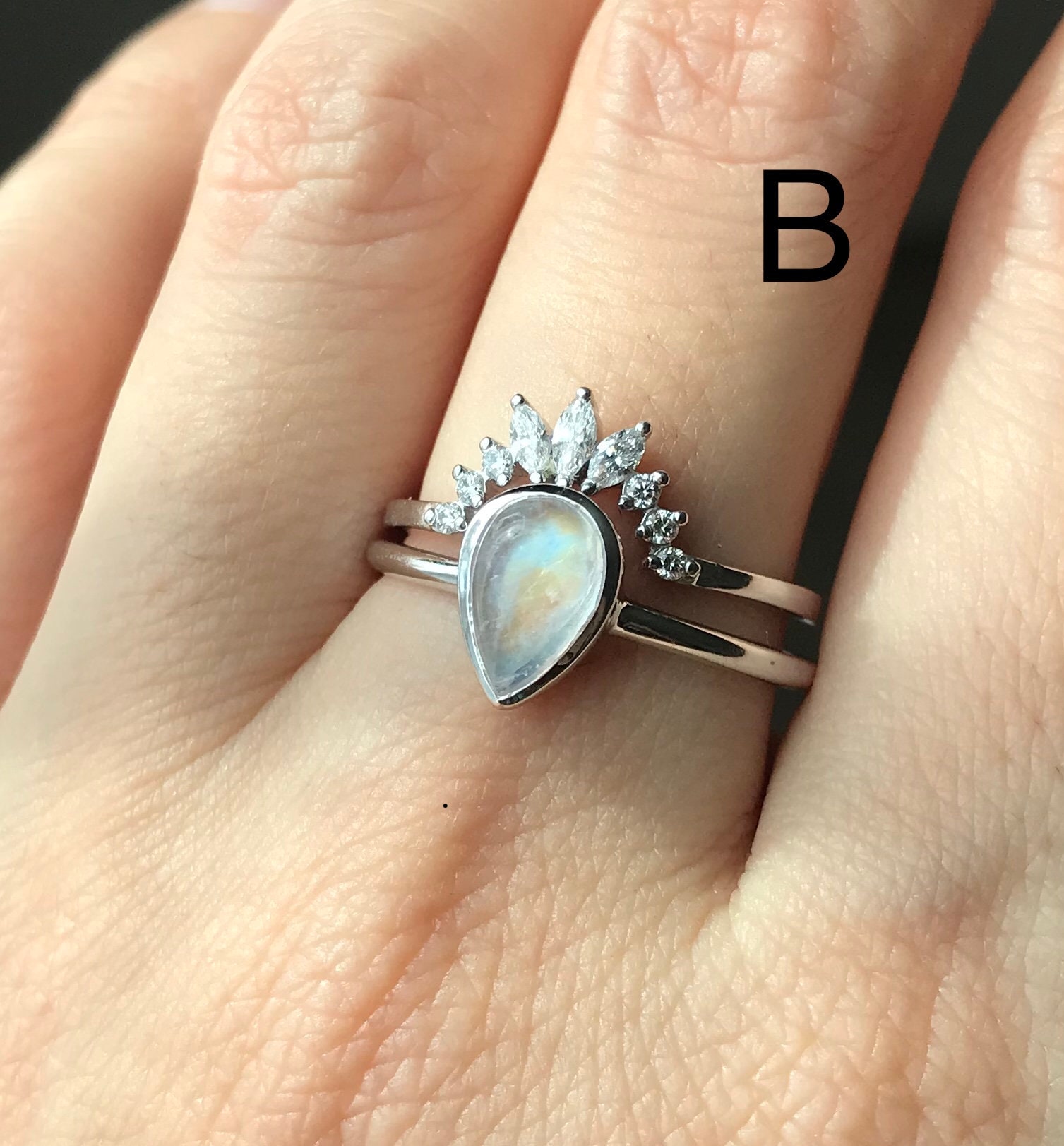 Moonstone Engagement Ring Set Vintage Teardrop Moonstone Bridal Ring