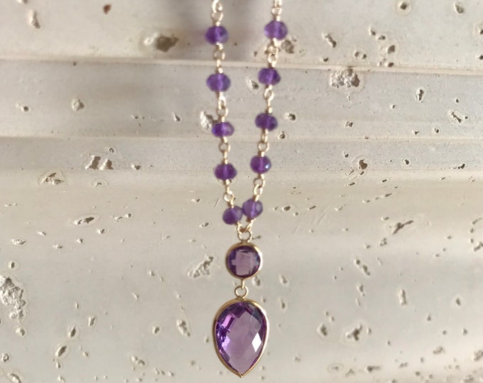 Genuine Purple Amethyst Beaded Pendant Necklace- Real Solid 14k Yellow Gold Necklace- February Birthstone Necklace- Jewelry Gifts for Her