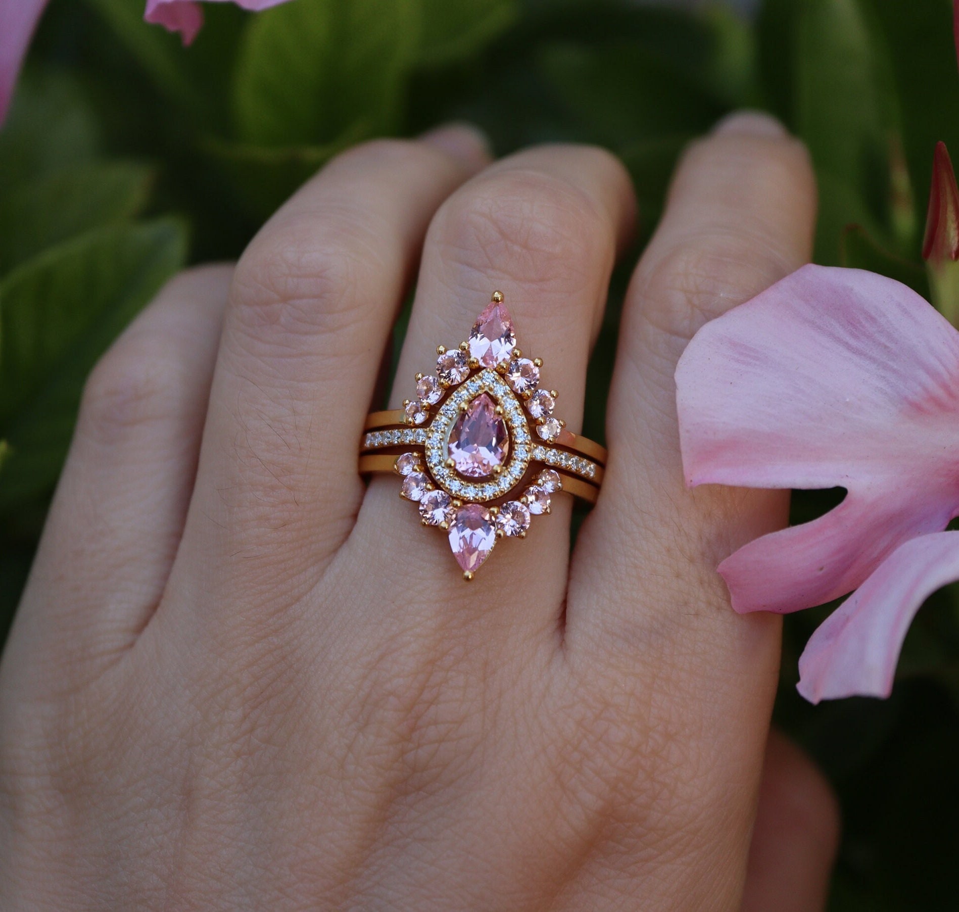 Teardrop Pink Morganite Bridal 3 Sterling Silver Ring Set-Pear Morganite  Wedding Rings- Halo Engagement Ring w/2 Wedding Band- Pink Ring Set