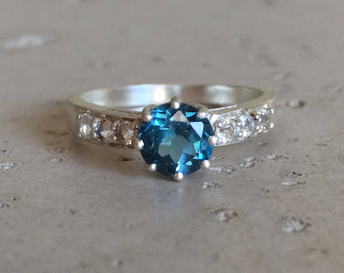 London Blue Topaz Engagement Ring- Dark Blue Promise Ring- December Birthstone Ring- Solitaire Anniversary Ring- Woman Engagement Ring