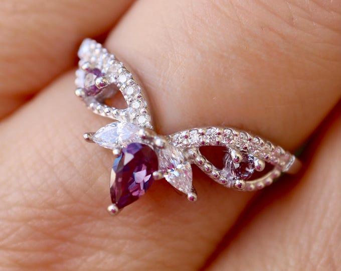 Alexandrite Wedding Vintage Milgrain 10k Gold Band- Deco Purple Pink Antique 14k Rose Gold Band- Pear Enhancer Guard 18k White Gold Band