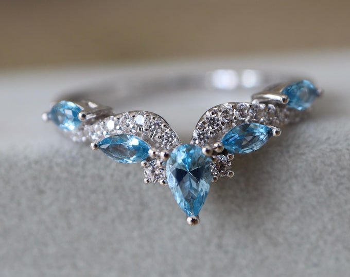 Sky Blue Topaz Sterling Silver Deco Wedding Band- Light Blue Marquise Pear Stone Rose Gold Band-Enhancer Guard Yellow Gold Vintage Band