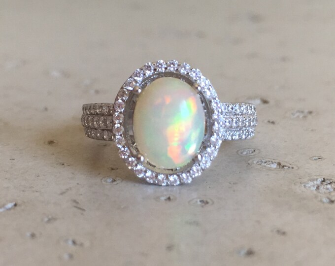 Fire 1ct Opal Oval Engagement Ring- Genuine Welo Opal Promise Ring- Cabochon Opal Halo Solitaire Ring- Sterling Silver Opal Statement Ring