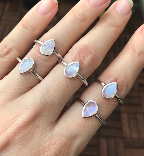 Sterling Silver Rainbow Moonstone Stackable Bezel Oval Ring Sterling Silver Rainbow Moonstone Stackable Bezel Oval Ring
