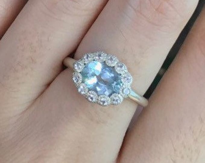 Oval Aquamarine Halo Engagement Ring- 8x6mm Blue Aquamarine Promise Ring- Genuine Aquamarine Anniversary Ring- March Birthstone Ring