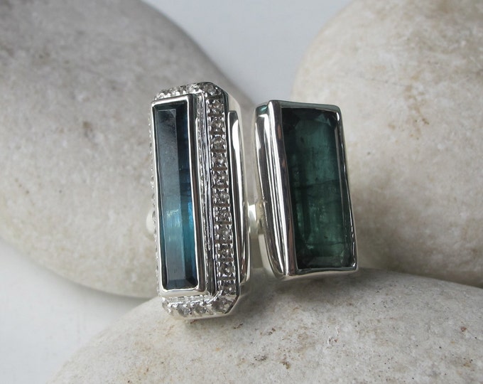 Green Blue Tourmaline Statement Ring- Two Stone Rectangle Ring- Large Dual Bi Color One of A Kind Ring- Contemporary October Birthstone Ring