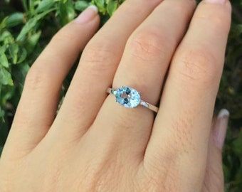 Light Blue Topaz Oval Ring- Genuine Blue Topaz Stack Prong Dainty Ring- December Birthstone Ring- Blue 4 Prong Simple Ring- East West Ring