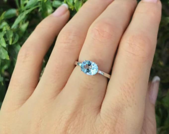 Light Blue Topaz Oval Ring- Genuine Blue Topaz Stack Prong Dainty Ring- December Birthstone Ring- Blue 4 Prong Simple Ring- East West Ring