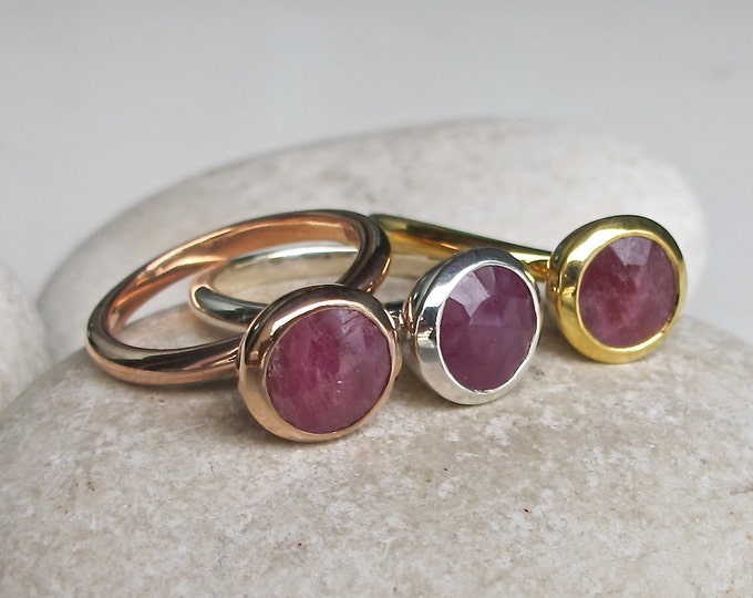 Dainty Ruby Round Stack Ring For Her- Genuine Raw Red Ruby Silver Ring- July Birthstone Ring