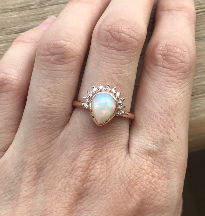 1CT Genuine Opal Pear Engagement Ring Teardrop Opal Diamond Solitaire Ring-Natural Opal 18k Gold Ring Rose Gold Promise Ring October Ring image 3