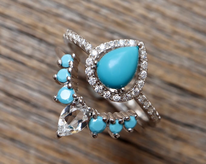 Teardrop Blue Turquoise Halo Engagement Sterling Silver 2 Ring Set
