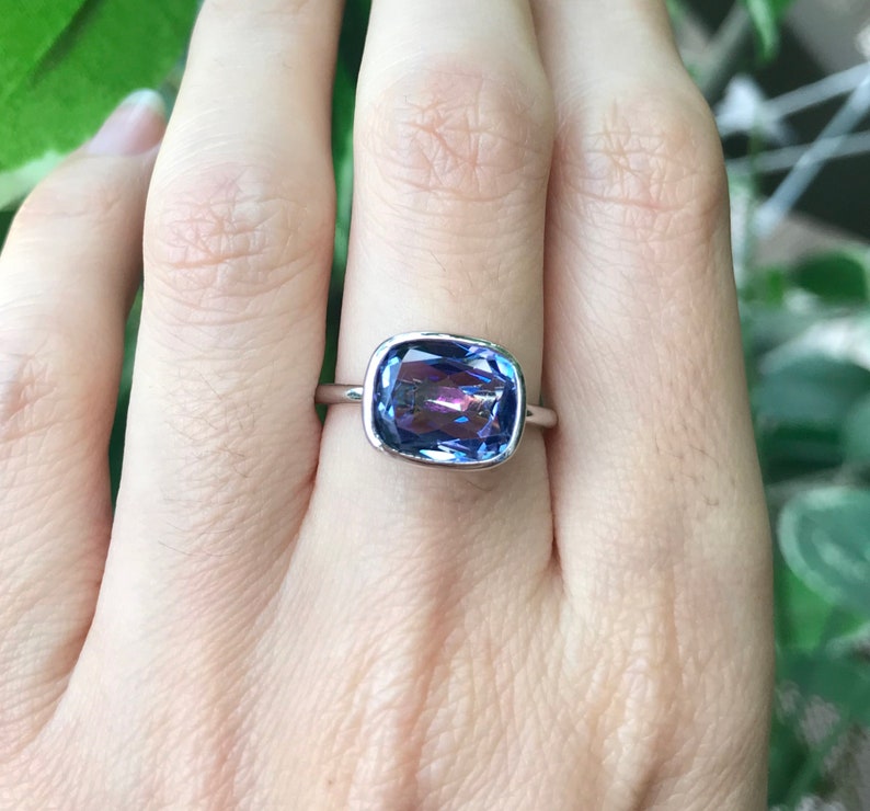 Unique Gemstone Ring Solitaire Blue Purple Statement Ring Neptune Garden Topaz Ring Rectangle Mystic Topaz Ring East West Gemstone Ring