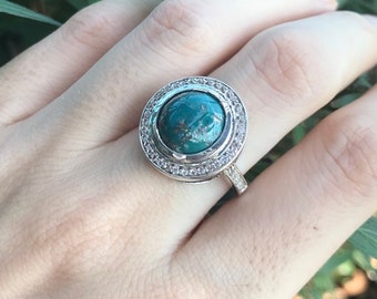Blue Green Turquoise Solitaire Ring- Genuine Turquoise Halo Engagement Ring- Round Cabochon Statement Gemstone Ring-December Birthstone Ring