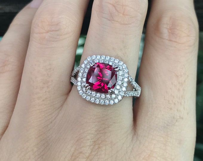 1.60ct Ruby Cushion Halo Engagement Ring- Square Ruby Split Double Ring- Large Red Ruby Promise Ring-Solitaire Ruby Anniversary Ring for Her