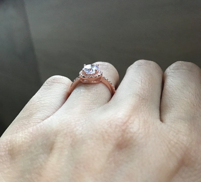 Rose Gold Ring Cubic Zirconia Engagement Ring Round Halo Etsy