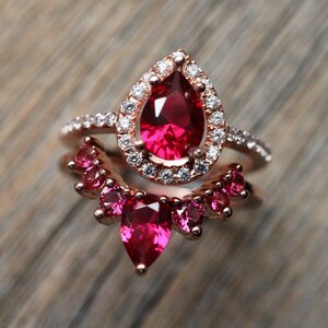 Teardrop Red Ruby 14k Gold Bridal Rings 14k White Gold Pear Red Halo ...