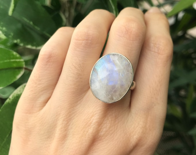 Rainbow Moonstone Statement Ring- Large Oval Moonstone Ring- Festive Solitaire Ring- Bohemian Gypsy Silver Ring- All Sizes 9 10 June Ring