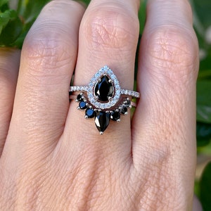 Teardrop Black Onyx Engagement Silver Ring Set Pear Black Diamond Alternative 2 Rose Ring Black Halo Ring with Wedding Band image 9